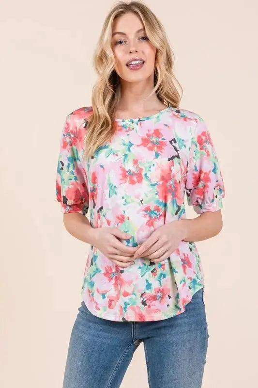 BOMBOM Floral Round Neck Puff Sleeve Top for Women - Love Salve